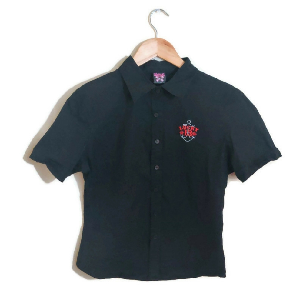 LUCKY13 Black Multicolor Skull & Roses Anchor Short Sleeve Button Up Shirt M